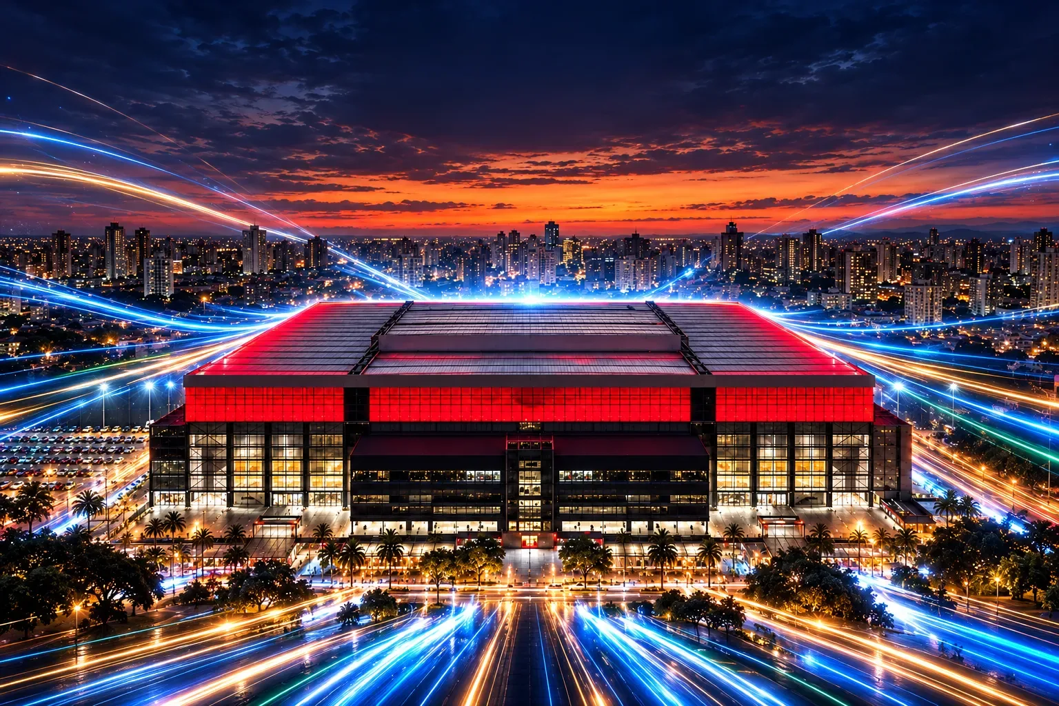 Arena da Baixada iluminada ao pôr do sol, com feixes de luz saindo do estádio e a cidade de Curitiba ao fundo
